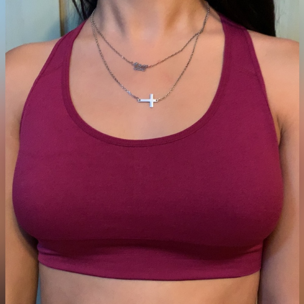 maroon crossed back sports bra